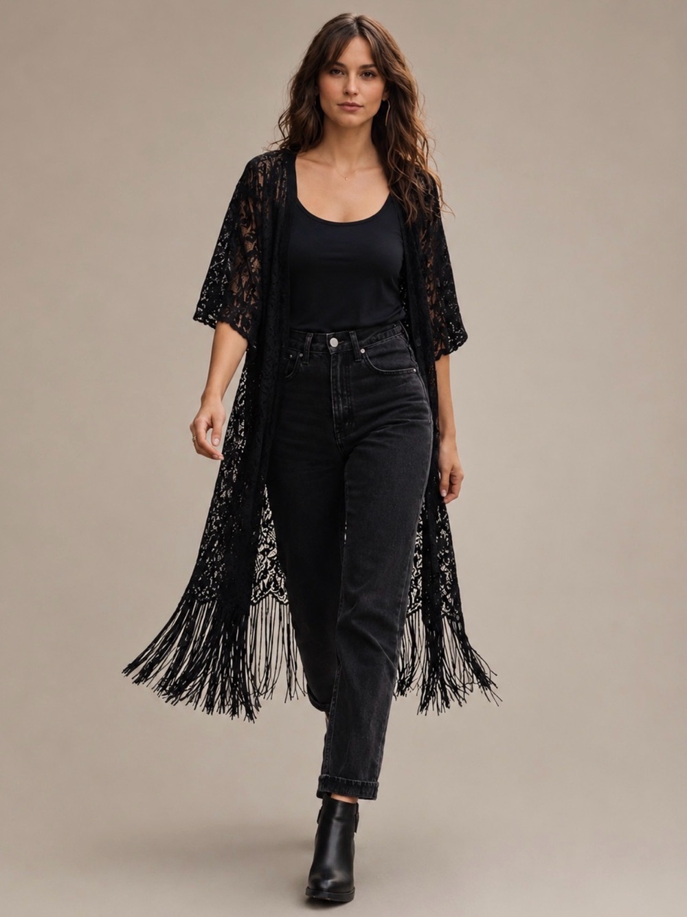 Vintage Y2K Black Lace Fringe Kimono Boho Festival Cover Up Sheer Duster